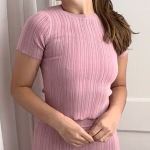 Clea Pink Sherbet Ribbed Lettuce Trim Sloane Ladder Knit Tee XS Coquette Glam
